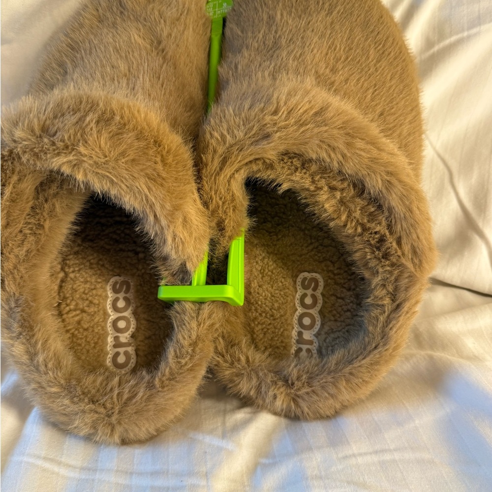 CROCS Classic Fuzzy Tan Slippers